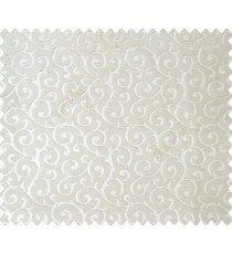White Self design small embossed continuous scroll on stripe textured base fabric main curtain